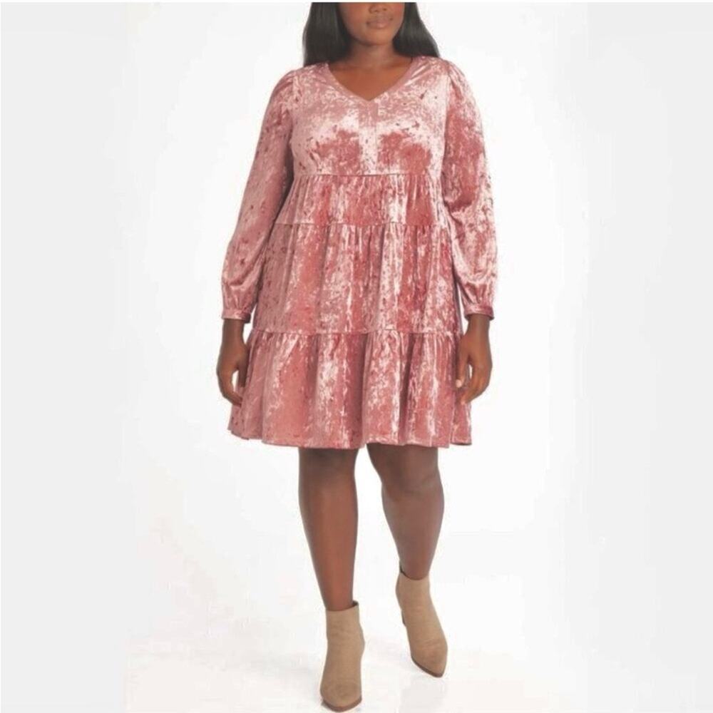Adyson Parker | Women’s Crushed Velvet Pink Mauve Tiered L/S Stretchy Mini Dress